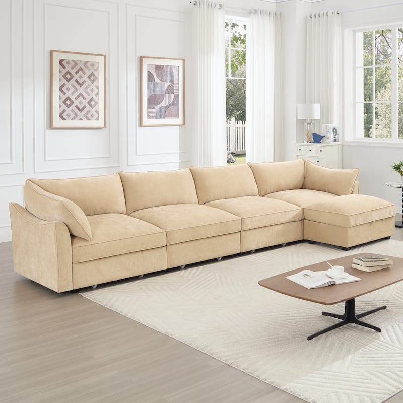 L-Shaped 4-Deep Seater Sectional Sofa Couch with 1 Movable Storage Ottoman & Pull out Drawers Under Each Seat