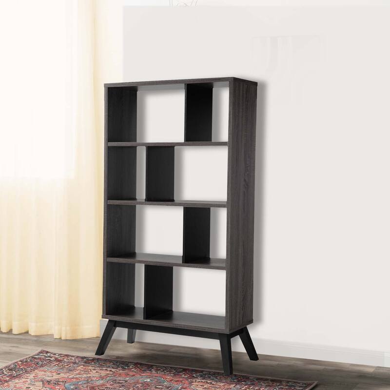 65 Inch Modern Bookcase, Four Shelves with Dividers, Flared Legs, Gray