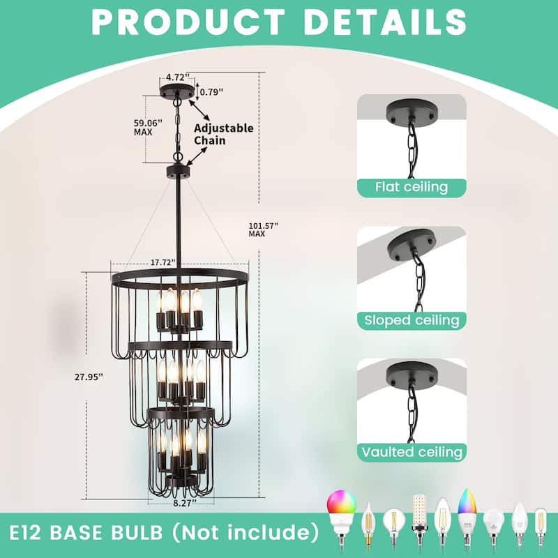Farmhouse 12 Light Lantern Tiered Chandelier, Modern Foyer Lighting Fixture for Entryway,Large Chandeliers for High Ceilings