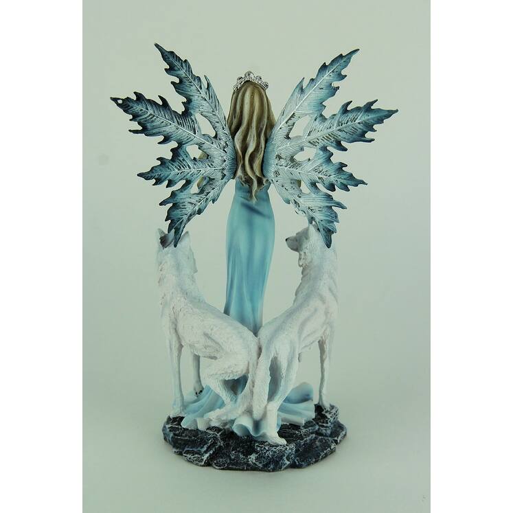 Blue Ice Fairy Standing With Winter White Wolves Statue - 9.75 X 6 X 3 inches