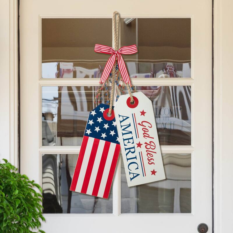 Glitzhome Patriotic/Americana Wooden Flag Sign Door Hangers Decor - God Bless America
