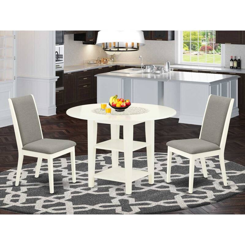 HomeStock 3-Pc Linen White Finish Round Solid Wood Top Dining Table Set