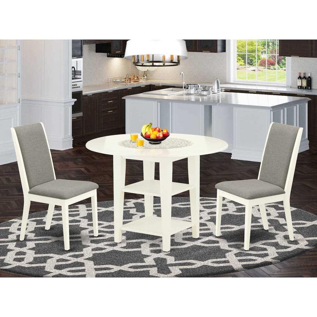 HomeStock 3-Pc Linen White Finish Round Solid Wood Top Dining Table Set