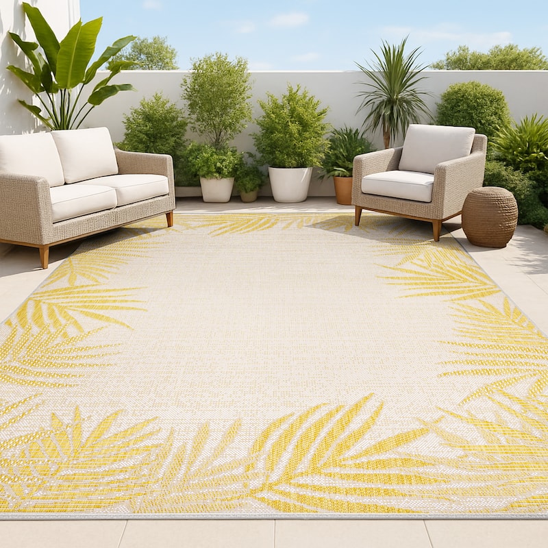 JONATHAN Y Beckett Coastal Cottage Palm Frond Border Blue/Cream Indoor/Outdoor Area Rug