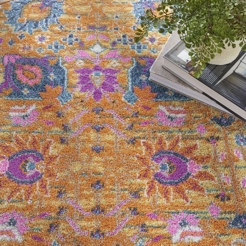 Caki Power Loomed Geometric Floral Area Rug By HomeRoots - 4' Round