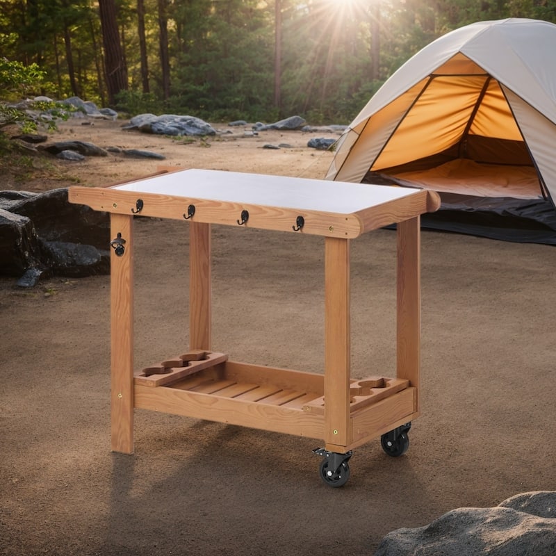Outdoor Wooden Garden Cart Table with Wheels, Metal Top and Storage Hook, for Patio Backyard Garden