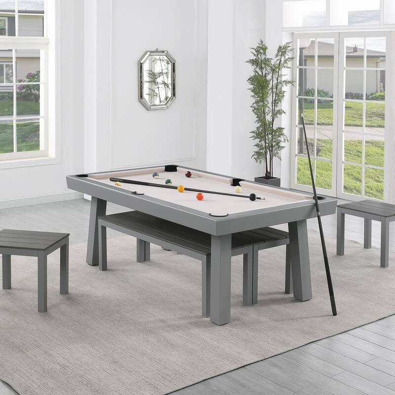Newport Outdoor Patio 7ft Slate Pool Table 6-Seater Dining Set with 4 Benches & Accessories, Cement Finish