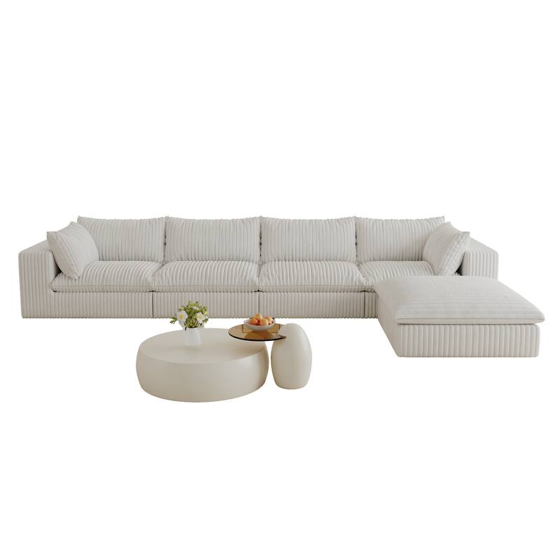 157.6" Corduroy Fabric Cloud Sofa, White, Deep Seat, Double-layer, Removable Cushion, DIY Combination
