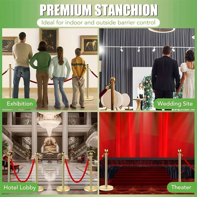 4PCS Gold Stanchion Posts with Velvet Ropes Set,Hollow Base,Ball Top