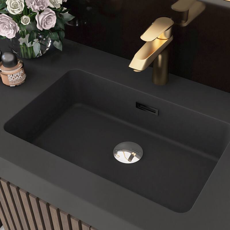 59.6'' Freestanding Bathroom Vanity with Black Integrated Solid Surface Sink in Smoked Oak - 59.49'' x 19.11'' x 36.45''