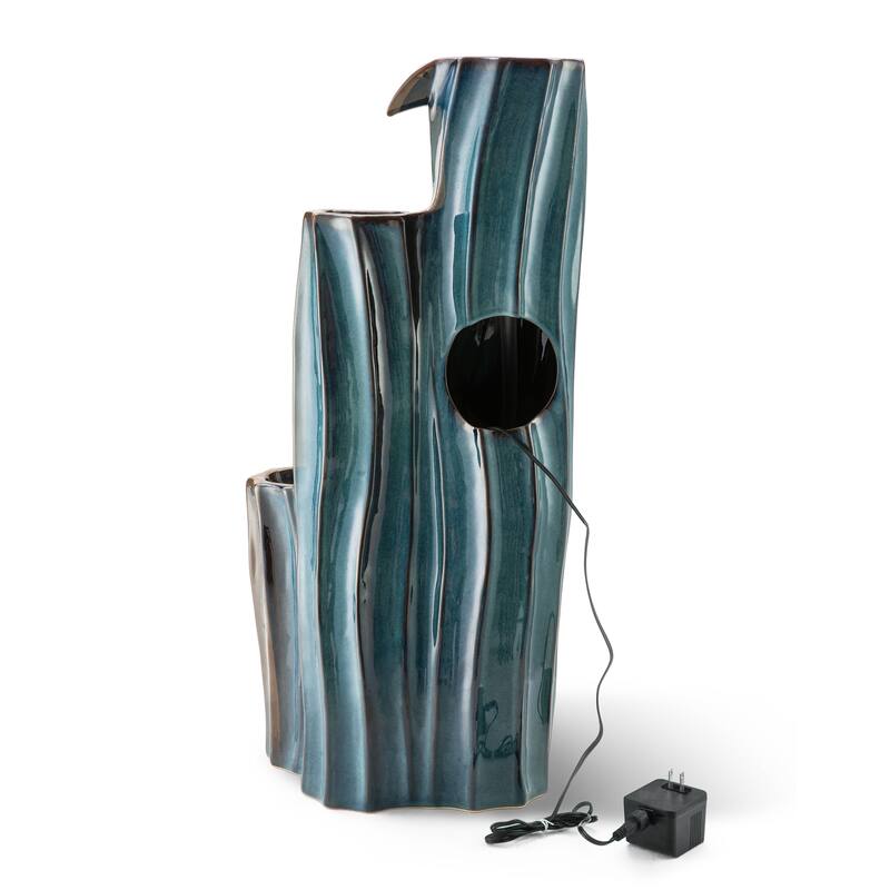 Glitzhome 29.5"H 4-Tiered Wavy Textured Outdoor Ceramic Floor Fountain with LED Light