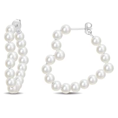 Miadora 4.5-5mm Cultured Freshwater Pearl Open Heart Hoop Earrings in Sterling Silver - 30 mm x 4.9 mm x 4.9 mm