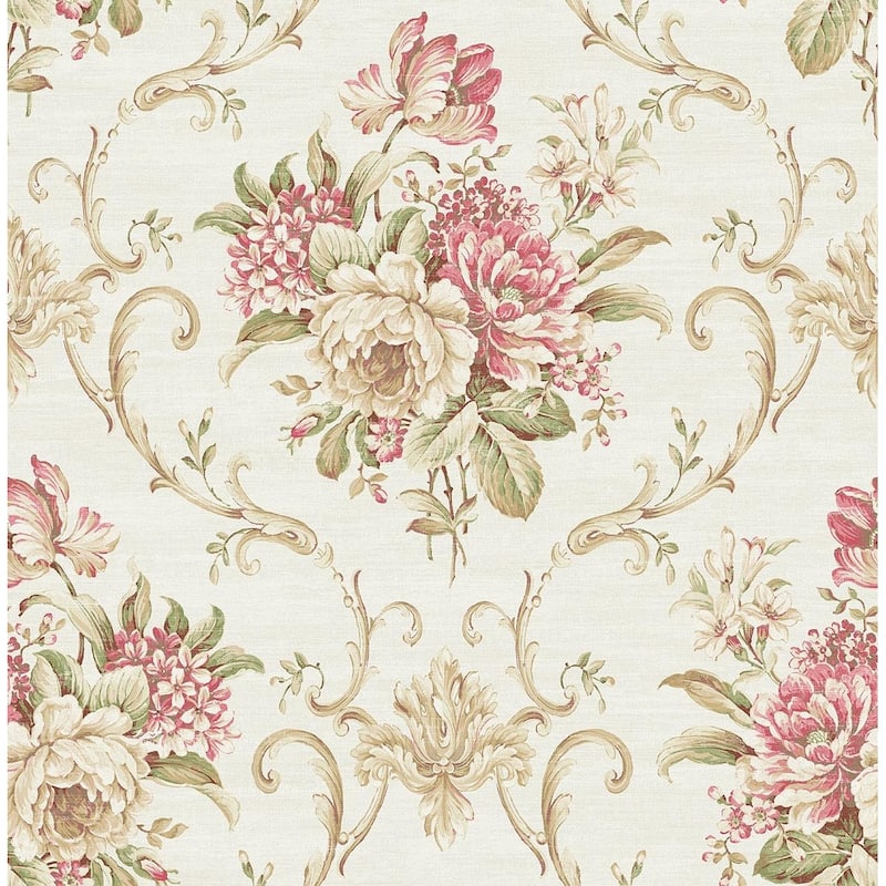 Seabrook Designs Fedelma Floral Cameo Unpasted Wallpaper - 20.5 in. W x 33 ft. L - Parchment & Carnation