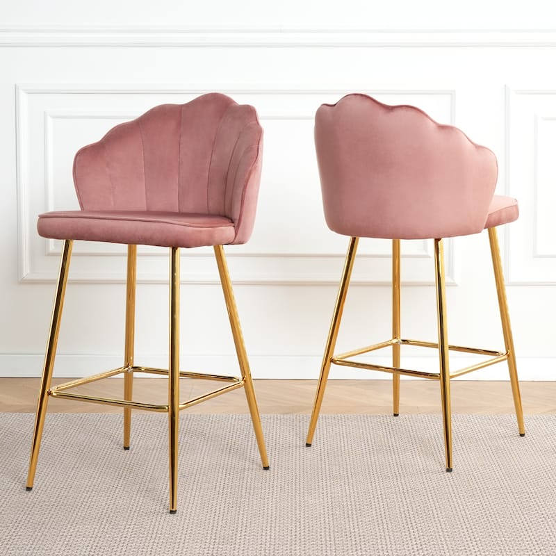 Shell Shape Velvet Bar Chair,Gold-Plated Metal Chair Legs, Suitable For Coffee Shop, Bar, Restaurant (Set Of 2)