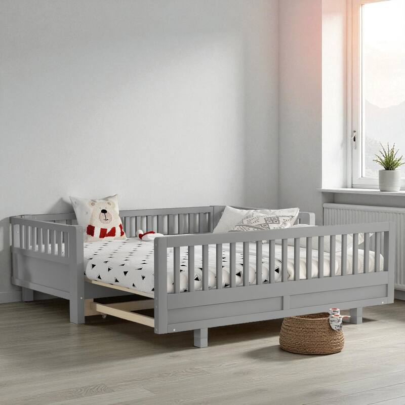 Convertible Twin/Twin XL Solid Wood Platform Bed with Guardrails, Expands to Double Twin or Queen Size, Durable Frame