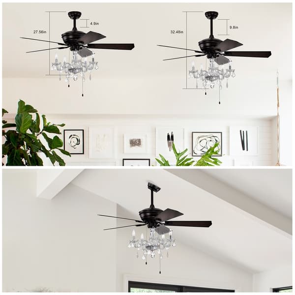dimension image slide 2 of 3, Sofucor 52" Ceiling Fan with Light Remote, Classical Crystal Chandelier fan, 5 Reversible Blades & Reverse Airflow