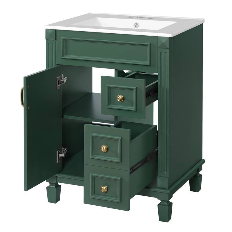 24" Bathroom Vanity With Ceramic Sink,Small Bathroom Sink Cabinet,Modern Cabinet With 2 Drawers And Adjustable Shelf