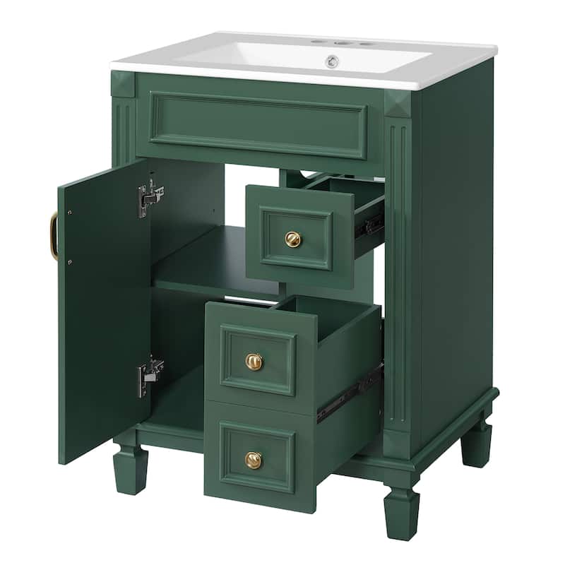24" Bathroom Vanity with Ceramic Sink Bathroom Storage Cabinet with 2 Drawers and Adjustable Shelf