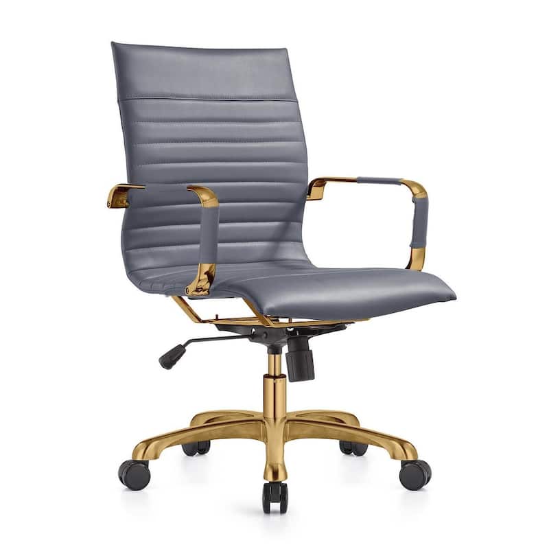 Harris Gold Frame Leather Office Chair with Padded Seat, Adjustable Height, Tilt Lock, 360° Swivel, and Smooth Rolling Casters - Grey