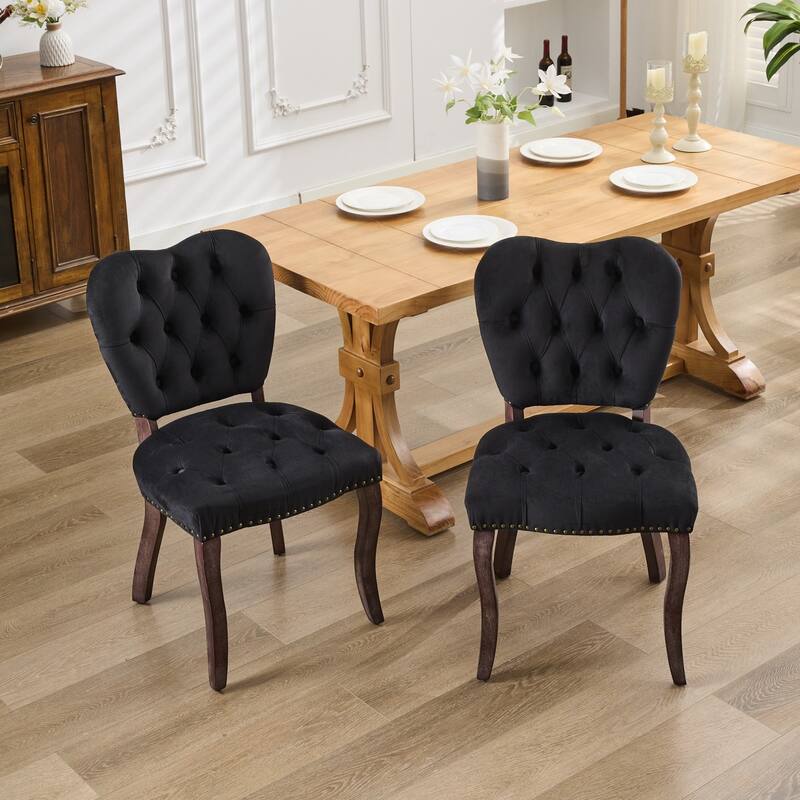 Velvet Dining Chairs Set of 2, Tufted Upholstered Kitchen Chair, Armless Lounge Side Chairs with Solid Wood Legs