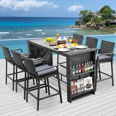 FINCATI Outdoor Oversized PE Wicker Bar Height Table and Chairs, Luxury Comfy Indoor Rectangular Bar Set for Four/ Six Persons