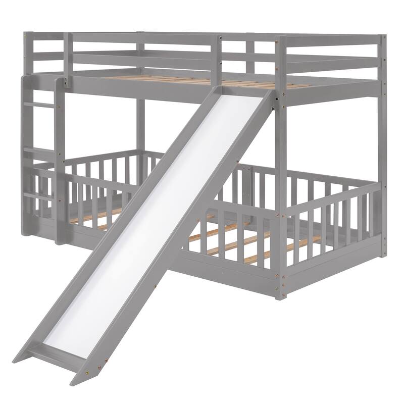 Twin Over Twin Bunk Bed with Slide and Convertible Ladder, Space-Saving Design