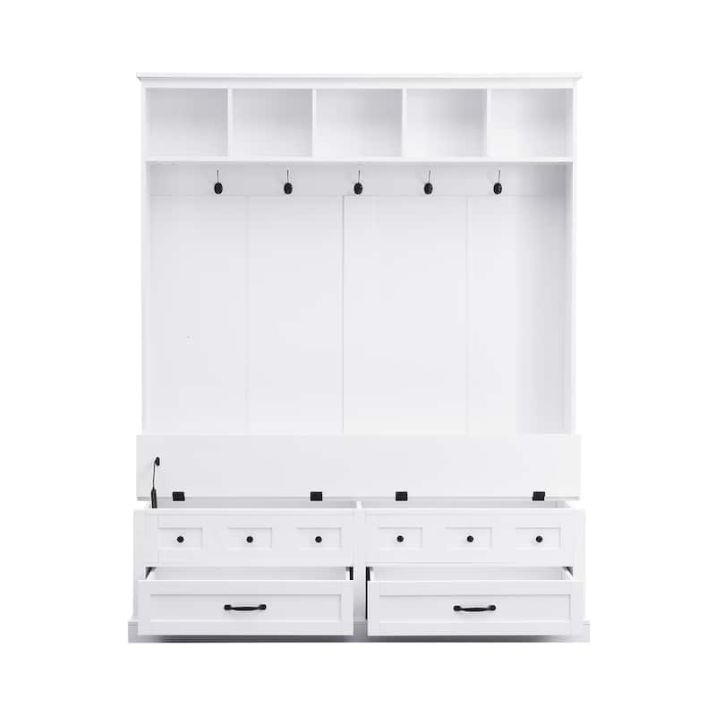 Roomfitters Elegant Wide Hall Tree with Lift-Top Bench, Wooden Mudroom Organizer with 5 Coat Hooks and 2 Storage Sections