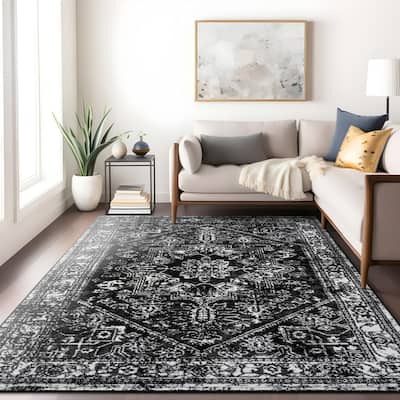 Black Ivory Vintage Medallion Area Rug, Durable & Pet Friendly