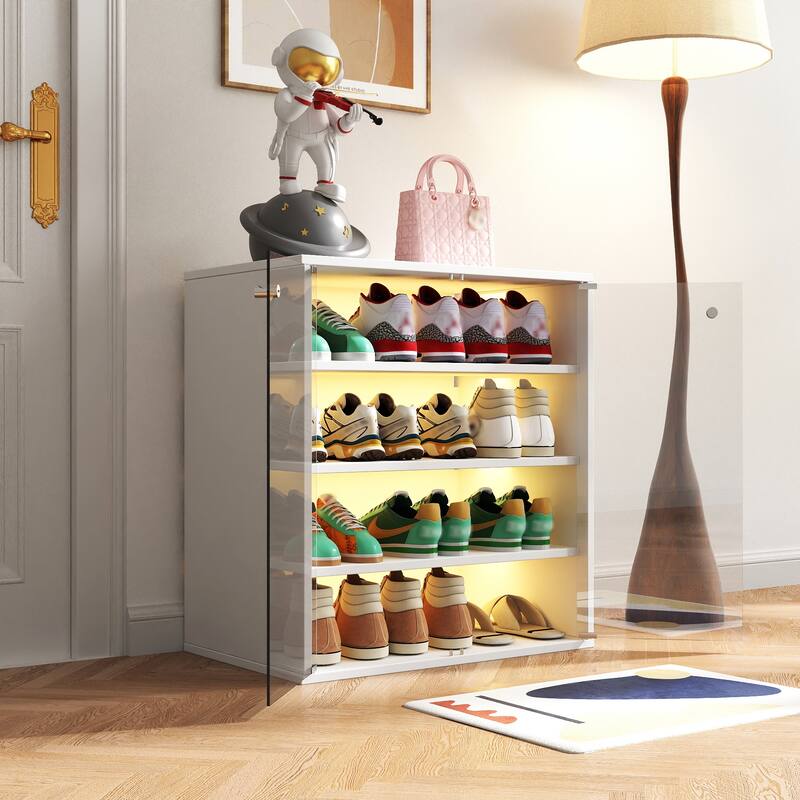 Roomfitters 4-Tier Shoe Display Cabinet, Stackable Wooden Shoe Storage Box with Glass Door and RGB LED Light