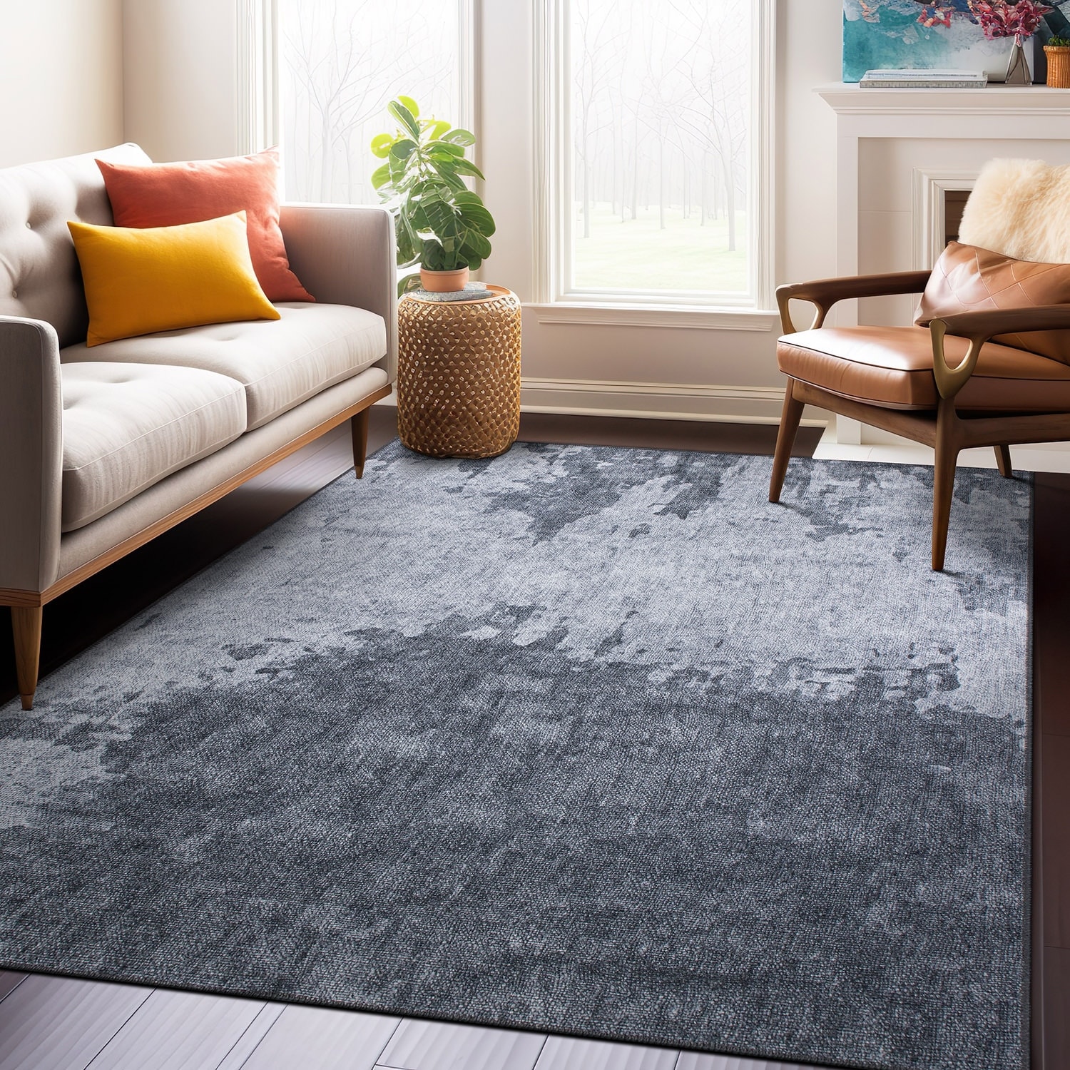 Distressed Abstract Machine Washable Area Rug