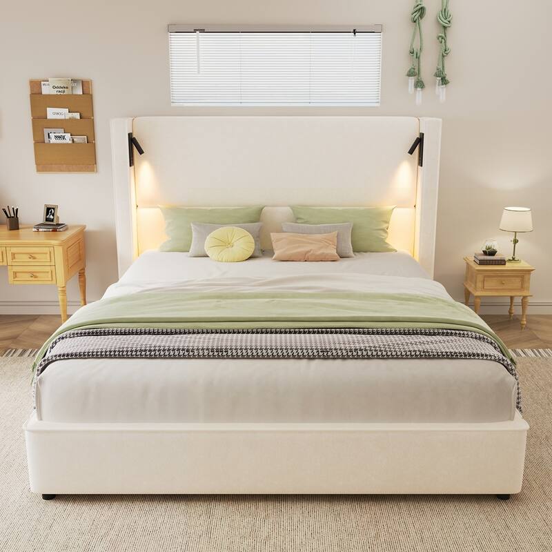 Upholstered Bed Frame with Reading Lamp and USB port