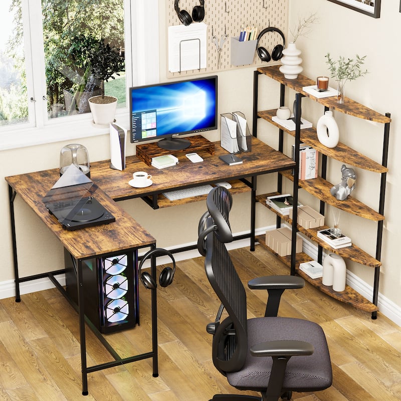 L Shaped Computer Desk with Monitor Stand - 55 Inch With Shelves - Brown