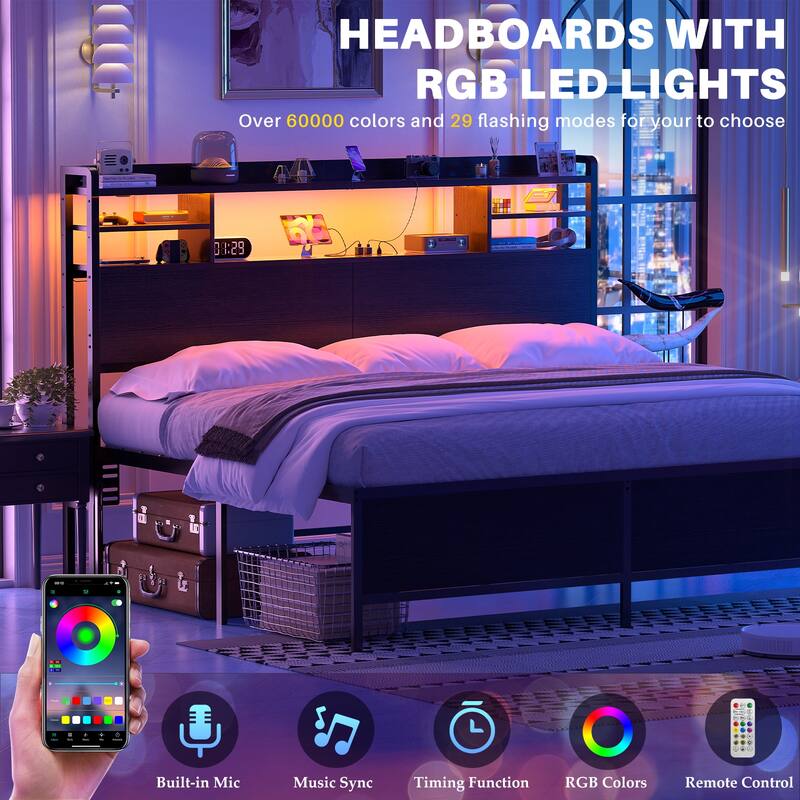Storage Headboard with USB Port and Power Outlet, Head Board with LED Light for Bed Frame