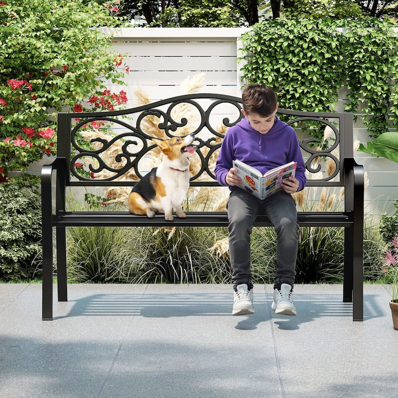 50-Inch Black Cast Iron Outdoor Metal Loveseat Garden Bench with Floral Backrest for 2-3 People - 50" x 24.5" x 35"