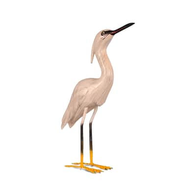 Wood Snowy Egret Heron Figurine - Hand Carved Coastal Bird Sculpture, Elegant Shore Decor - 11" tall x 7" wide x 2.2" deep