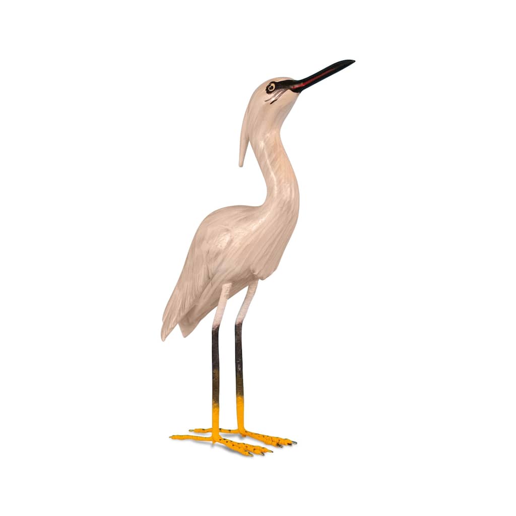 Wood Snowy Egret Heron Figurine - Hand Carved Coastal Bird Sculpture, Elegant Shore Decor - 11" tall x 7" wide x 2.2" deep