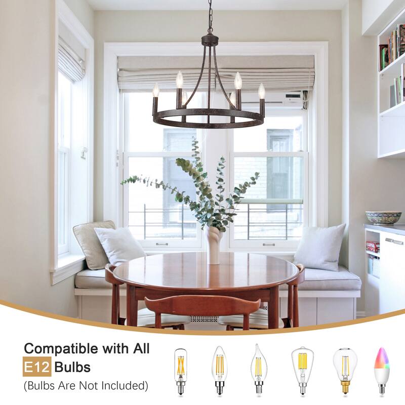 6-Light Farmhouse Candle Circle Hanging Wagon Wheel Chandelier Lighting for Kitchen Island