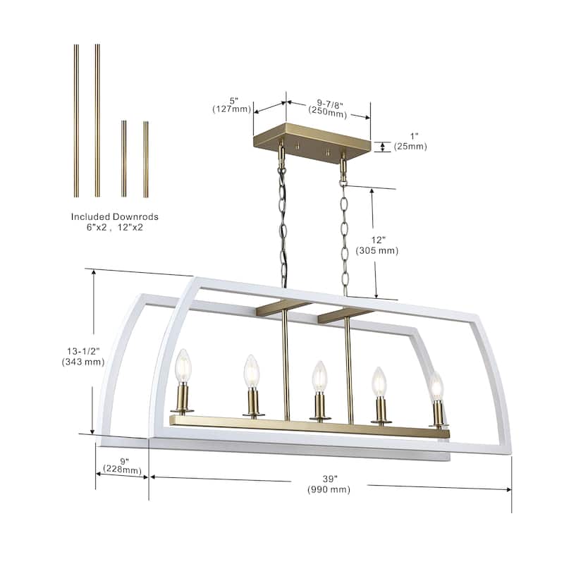 5 Light Kitchen Island Chandelier iron frame in brass and white finish - 13.5"H x 39"W x 9"D - White + Gold - 13.5"H x 39"W x 9"D