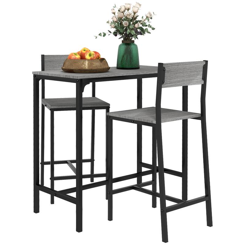 Grey Kitchen Side Table and Back Dining Chairs with Steel Legs, Simple 3-Piece Table and Chairs Set for 2