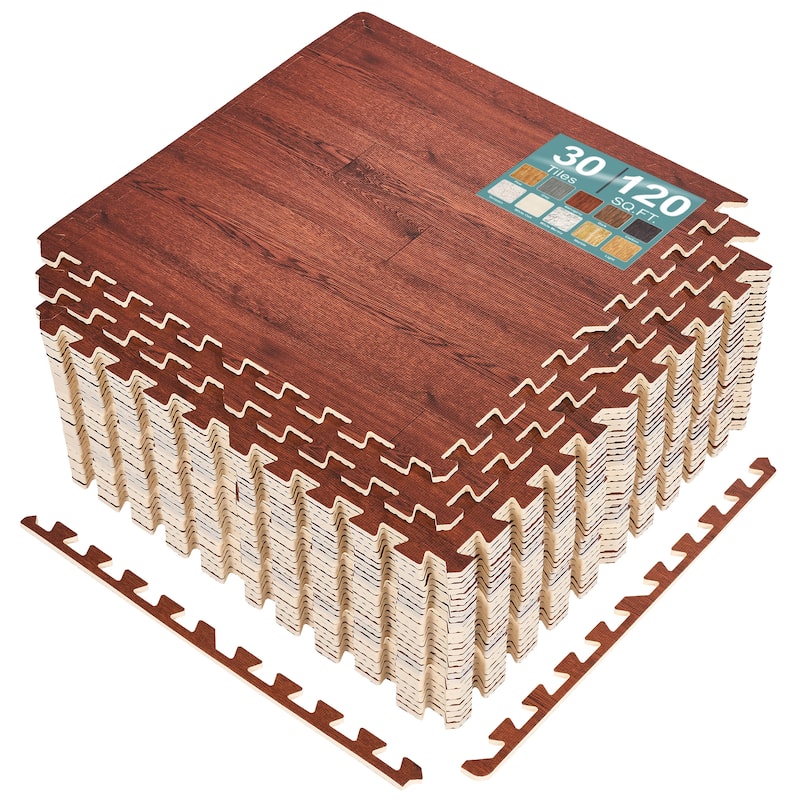 Sorbus 120 Sq. Ft. Wood Grain Floor Tiles Foam Mat EVA Interlocking Mats Tile 3/8-Inch Thick Flooring Wood Puzzle Exercise Mats - Mahogany