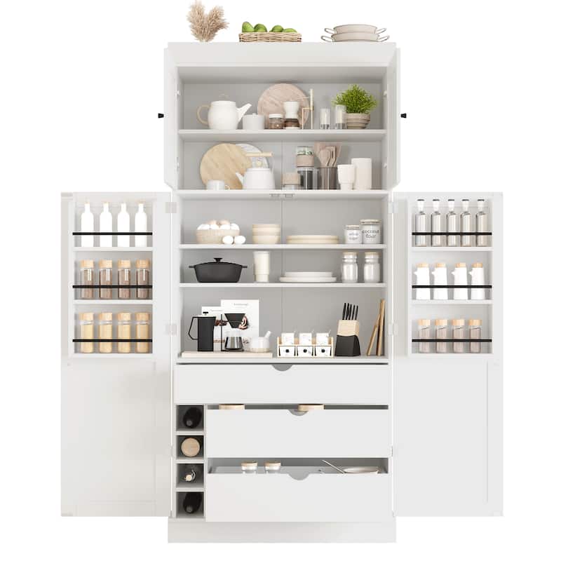 77" Tall Modern Shaker Kitchen Pantry with Wine Rack, Freestanding Storage Cabinet with Drawers & Door Shelves
