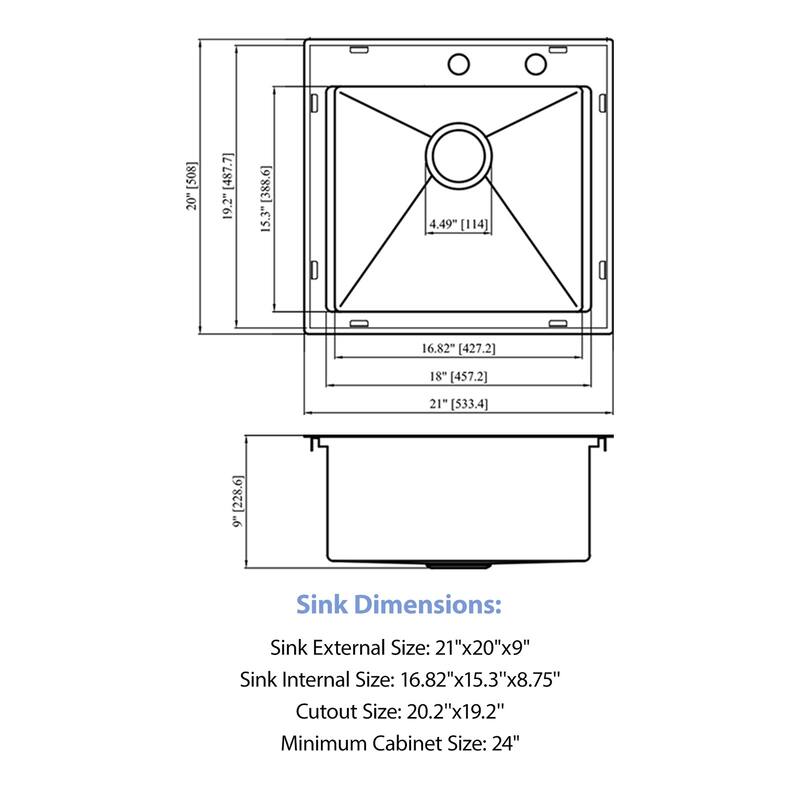 21 Inch Drop-in Single Bowl 16 Gauge Stainless Steel Kitchen Sink with Pull-Out Faucet in Brushed Nickel - 21'' x 20'' x 9''