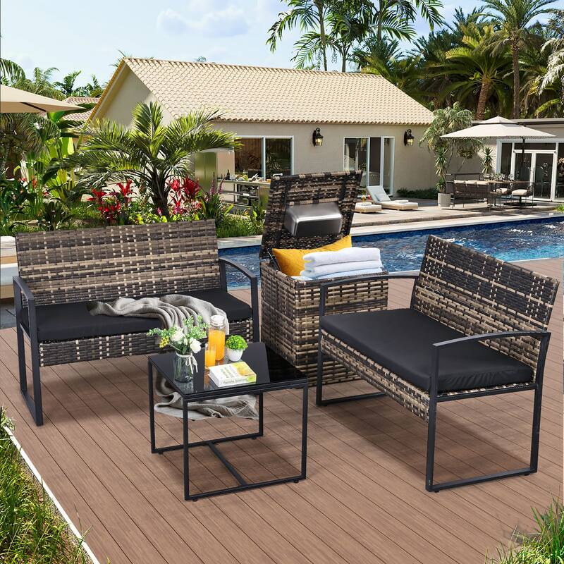 4-Piece Wicker Outdoor Sofa Set, 2 Loveseats, 1 Table, 1 Ice Bucket - Yellow/Black