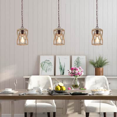 Woodly Modern Farmhouse 1-Light Cylinder Wood Island Pendant Lights for Dining Room - Brown - 6.5" D x 10" H