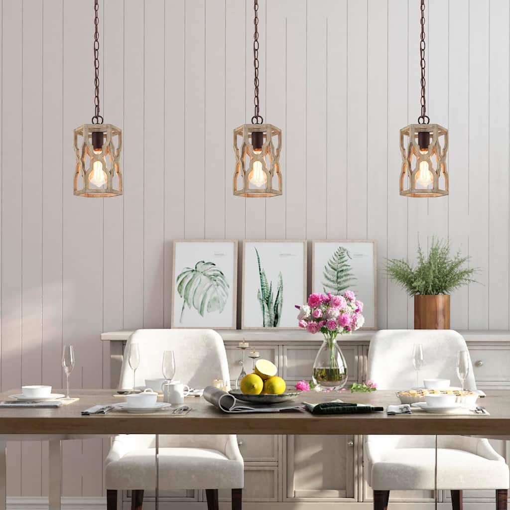 Woodly Modern Farmhouse 1-Light Cylinder Wood Island Pendant Lights for Dining Room - Brown - 6.5" D x 10" H