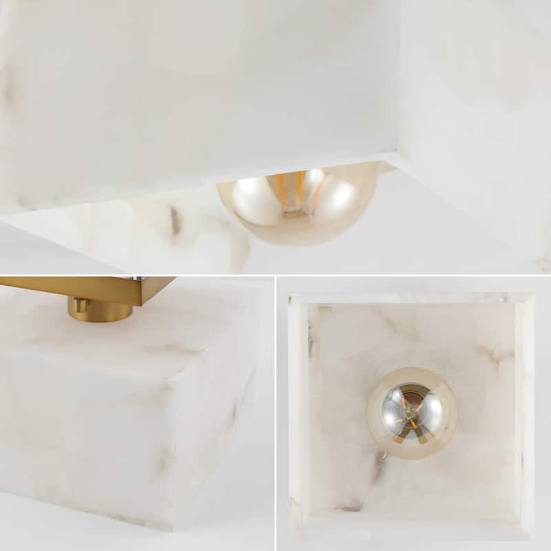 Tessa 8" 1-Light Modern Contemporary Alabaster/Iron Square LED Semi Flush Mount, White Marbling/Brass Gold by JONATHAN Y