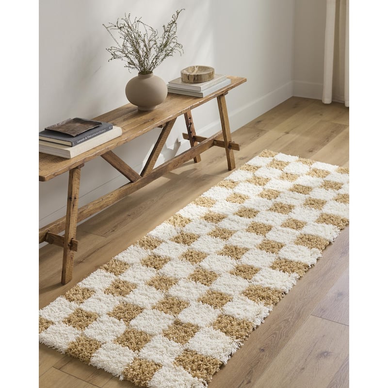 Livabliss Sibari Modern Checkered Plush Area Rug - 7' 10" x 10' 2" - Cream/Mustard - Rectangle