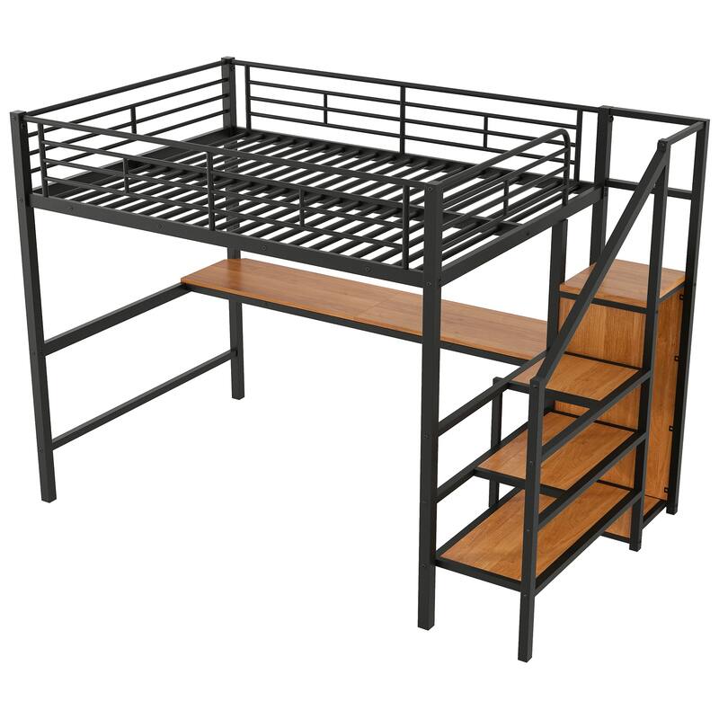 Full Size Metal Loft Bed with Desk, Storage Staircase, Wardrobe, and LED Light
