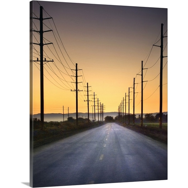 "Desert road and power lines at sunset in California desert." Canvas Wall Art
