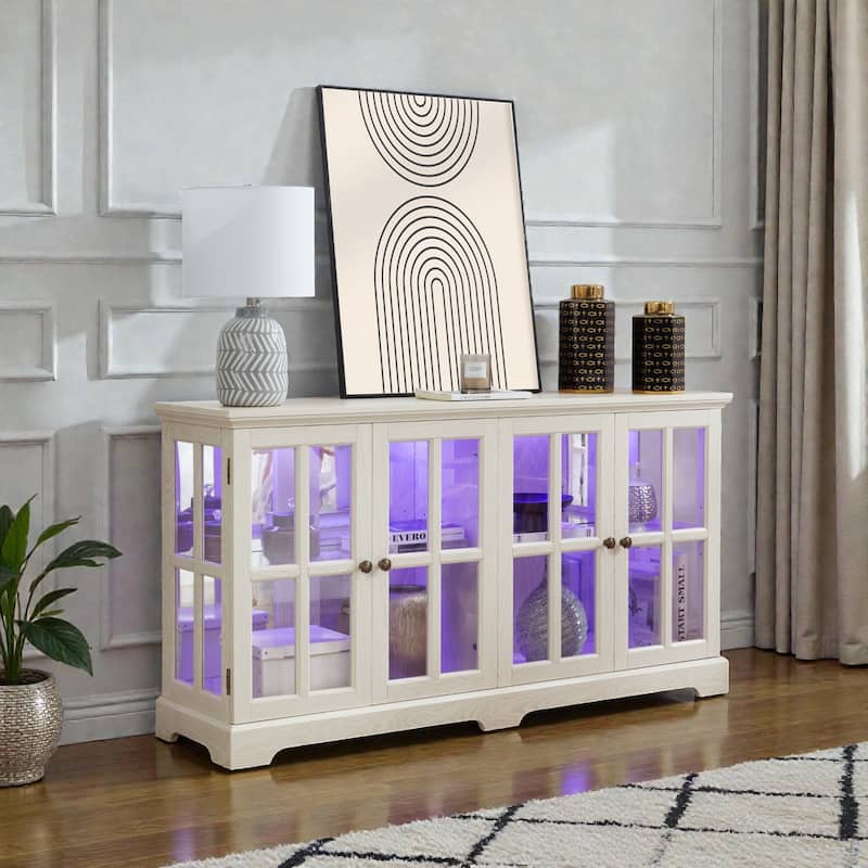 LED Antique Curio Display Cabinet with Glass Doors, 4 Door Vintage Showcase with Adjustable Shelves